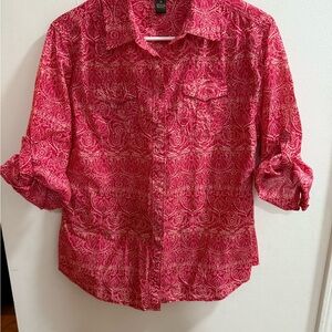 Bit & Bridle Womens Red Paisley‎ Cotton Roll Tab Sleeve Button Down Shirt Medium